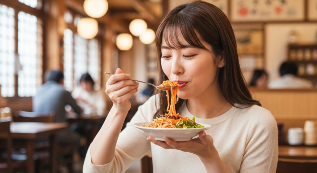 식당 중간 앉아서 비빔 국수를 입안으로 넣고있는 일본인 20대 여성