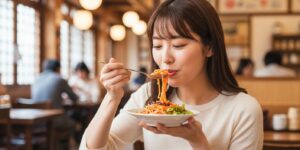 식당 중간 앉아서 비빔 국수를 입안으로 넣고있는 일본인 20대 여성