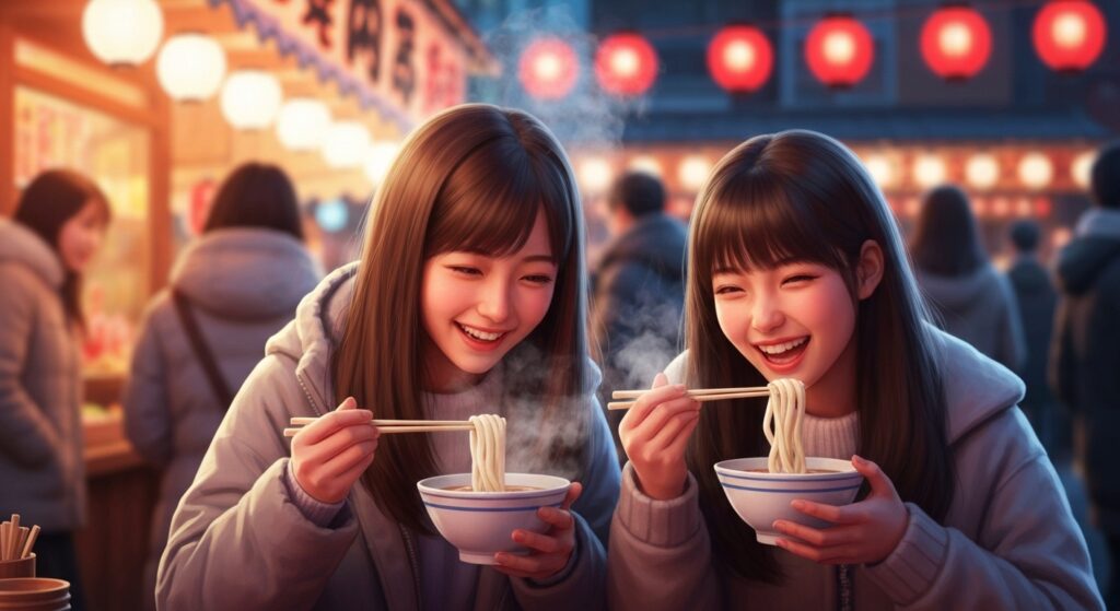 일본 포장마차에서 우동을 먹고 있는 아름다운 일본인 10대 여성들