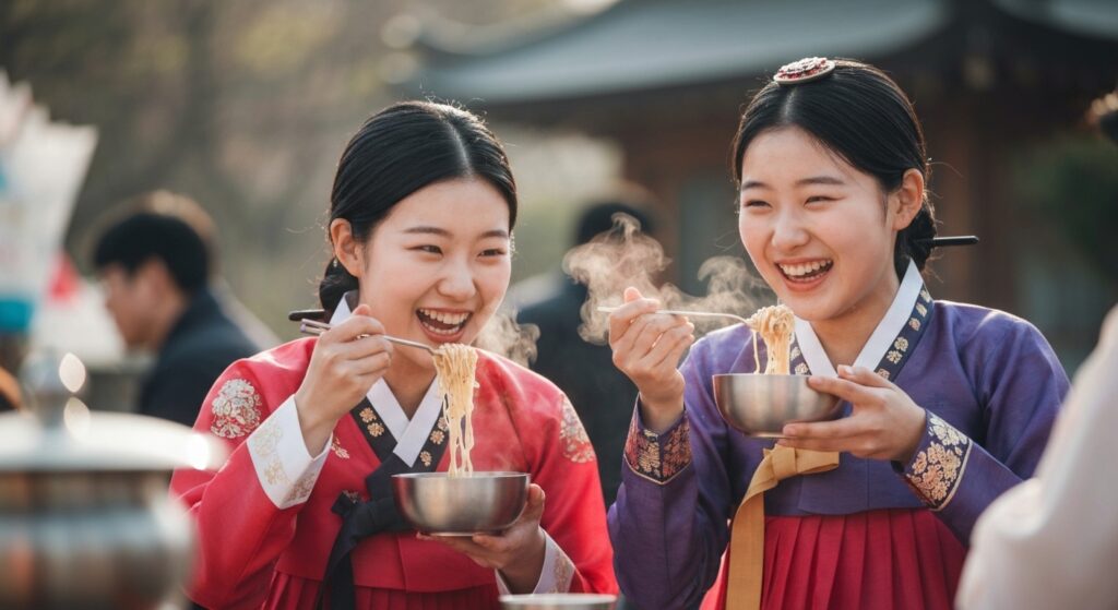한복을 입고 잔치 국수를 먹고 있는 10대 아름다운 여성들