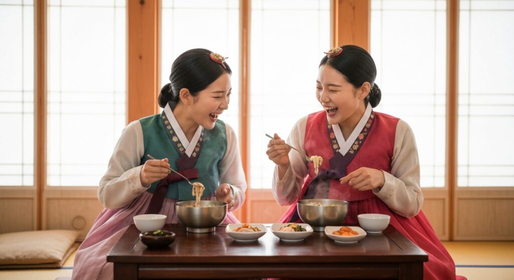한복을 입고 잔치 국수를 먹고 있는 20대 아름다운 여성들