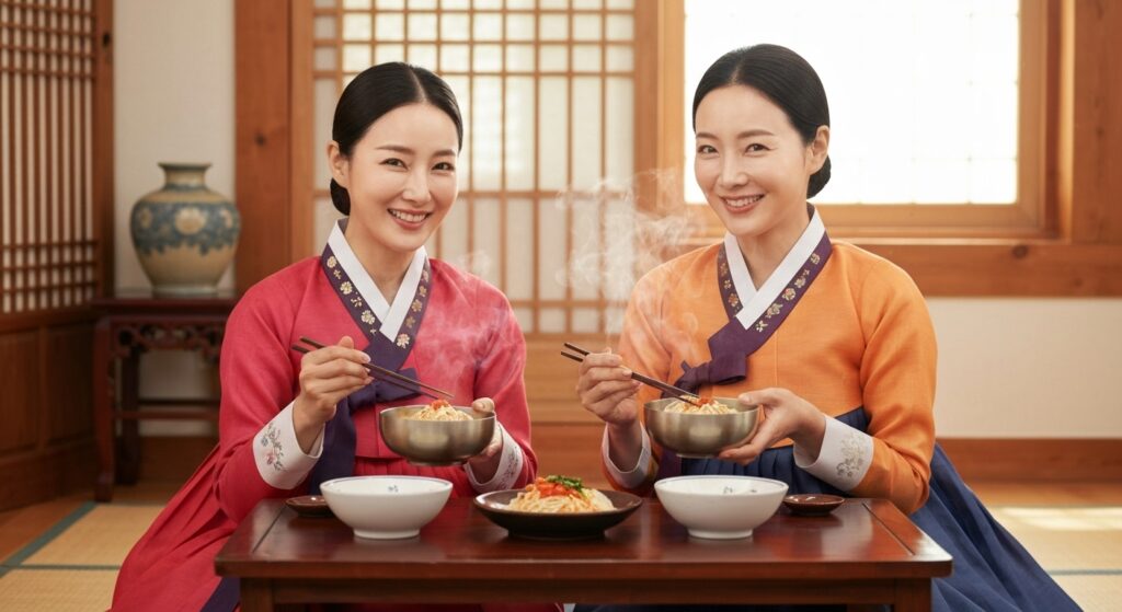 한복을 입고 잔치 국수를 먹고 있는 30대 아름다운 여성들
