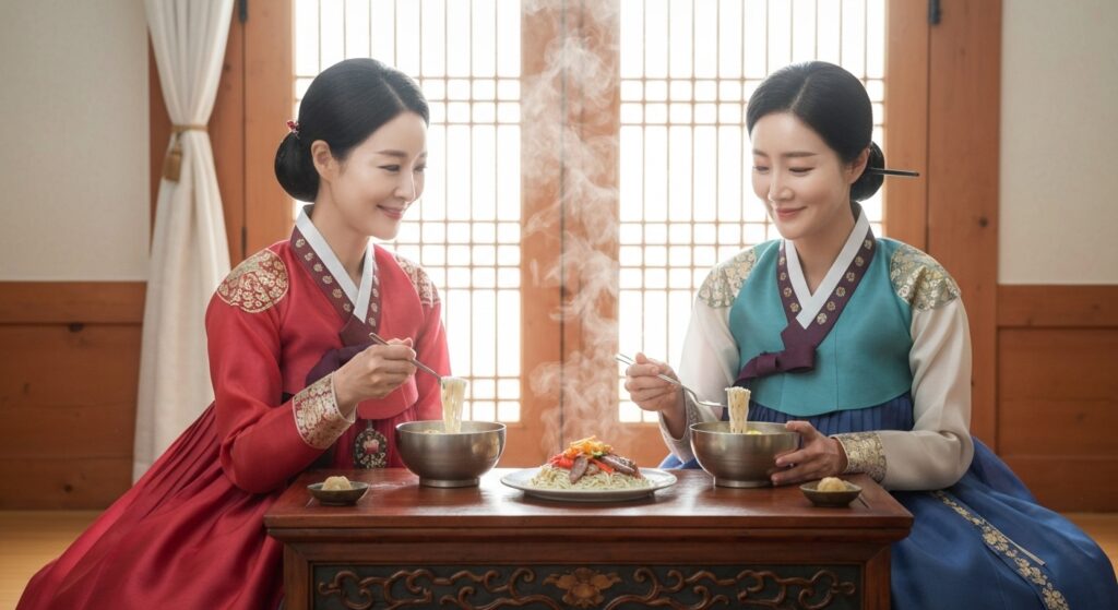 한복을 입고 잔치 국수를 먹고 있는 40대 아름다운 여성들